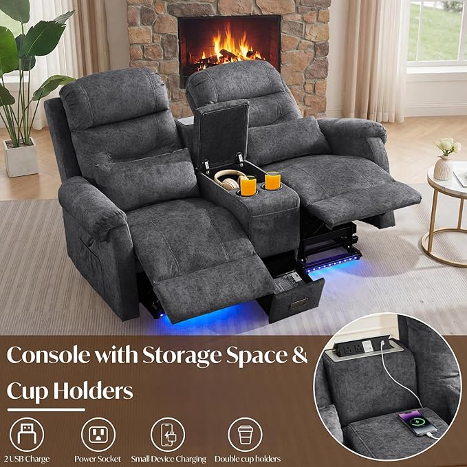 Power Lift Recliner Loveseat Sofa for Elderly Dual Motor Electric Recliner with Massage &amp Heat 2-Seater Velvet Couch with Independent Control Console Cup Holder &amp Power Outlet (Grey 69”)