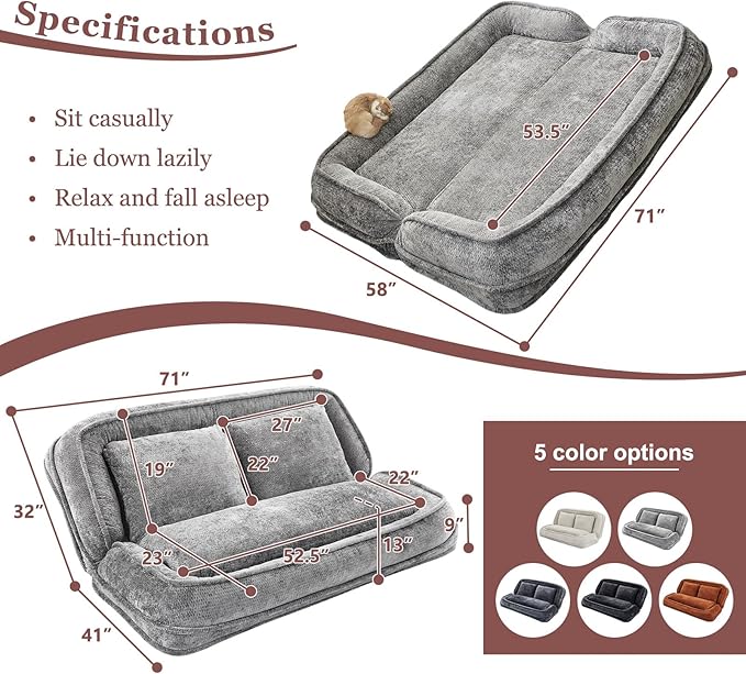 Human Dog Bed Lazy Sofa Couch Plush Floor Gaming Chair5 Adjustable Position sit Sleep fold Suit to Put in Bedroom Living RoomSpace Saving Design (Gray 2 Seat)