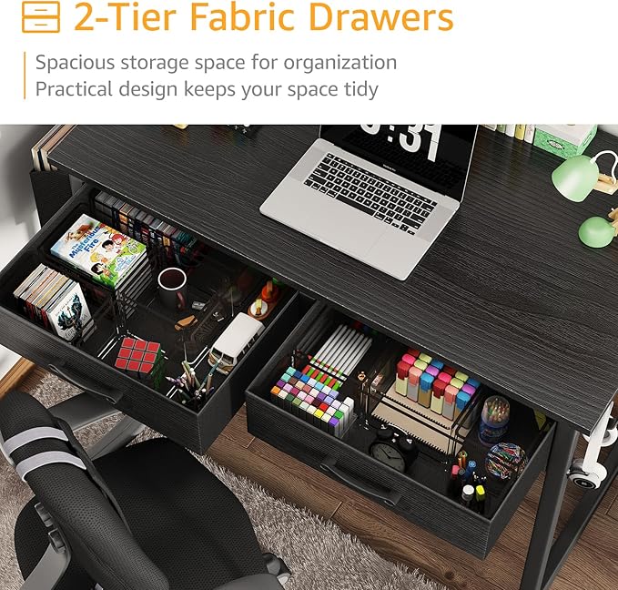 DLisiting Small Desk with Fabric Drawers for Bedroom 32 Inch Gaming Desk with 2 Drawers for Small Space Study Writing Table PC Desks Black