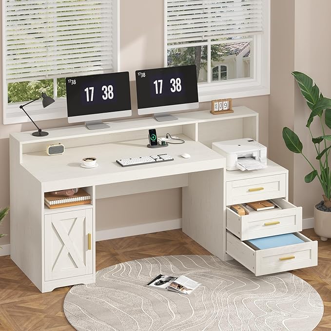 TVU Farmhouse Computer Desk with Drawers 65'' Home Office Desk with Power Outlets Storage Cabinet and Printer Stand Study Writing Desks with Long Monitor Stand White