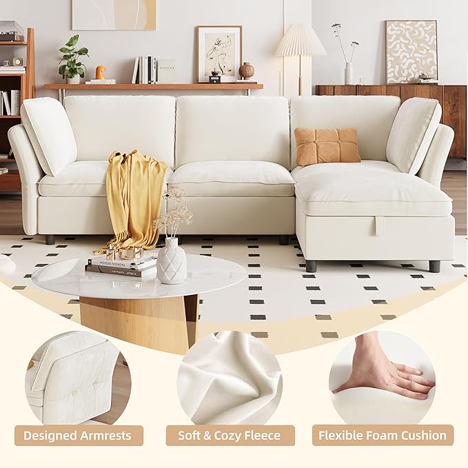 IDEALHOUSE 97 Modular Sectional Sofa L-Shaped Modular Couch with Storage 4-Seater Comfy Cloud Couch with Movable Ottoman Deep Seat Modern Sectional Couches for Living Room Bedroom Beige