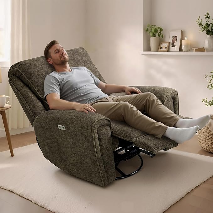 MCombo Power Swivel Rocker Recliner Chair Oversized Power Recliner Chair for Big and Tall People 400lbs Heavy Duty Recliners USB Charge Ports for Living Room Office Fabric OE678 (Brown)