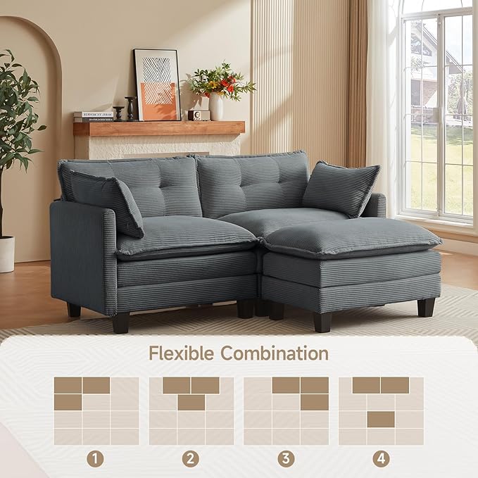 Modular Sectional Sofa 76.5 L-Shaped Corduroy Comfy Sectional Couches for Living Room 2-Seater Cloud Couches with 1 Movable Ottoman Flexible Combination Modern Deep Seat Sofa (Grey)