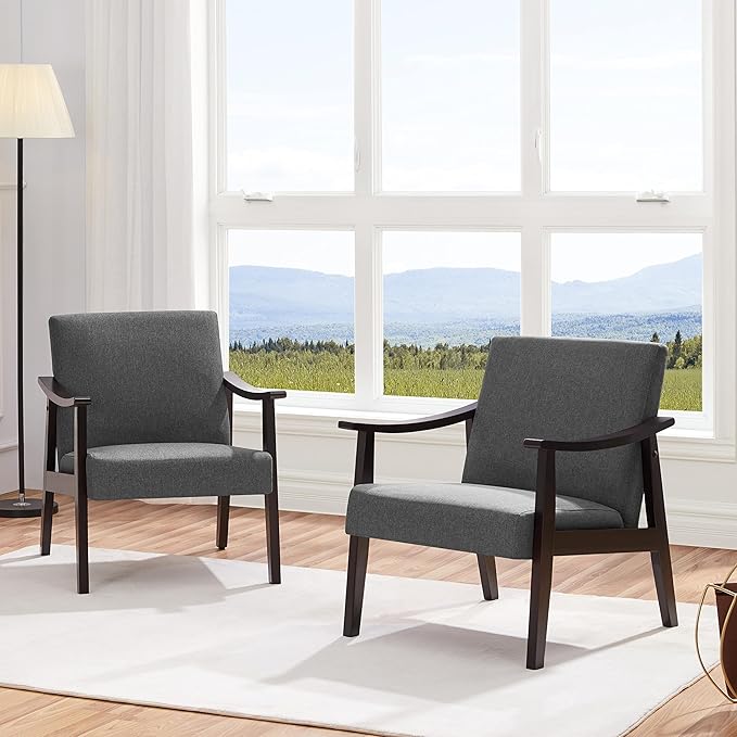 Yaheetech Leisure Chair with Solid Armrest and Feet Modern Mid-Century Accent Chair Linen Fabric Side Sofa for Living Room Bedroom 2pcs Dark Gray