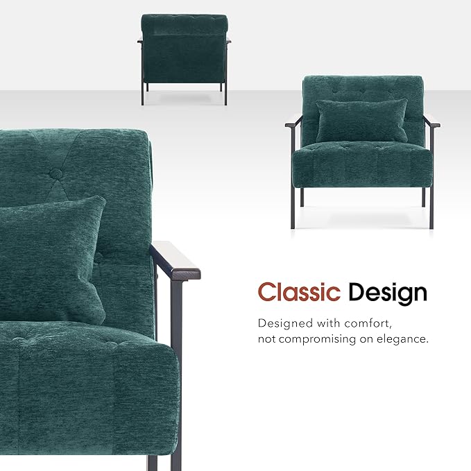MCombo Modern Accent Chairs Chenille Upholstered Armchair Ergonomics Lounge Chair for Living Room HQ417 (1 Dark Green)