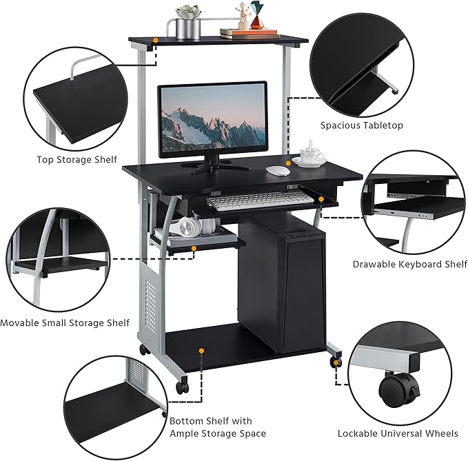 Yaheetech 2 Tier Mobile Computer Desk with Printer Shelf &amp Keyboard Tray Rolling Computer Table for Small Spaces Compact Study Workstation with Wheels Space Saving Black
