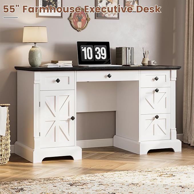 Bigbiglife 55 Office Desk with Drawers Farmhouse Executive Desk with Charging Station Hidden Cabinet File Cabinet Storage Wood Computer Desk with 5 Drawers for Work Study Writing White