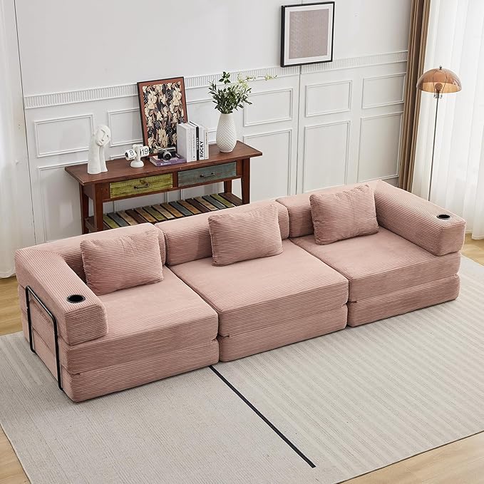 118 Oversized Sectional Couches Convertible Floor Sofa Bed with Cup Holder Boneless Foldable Mattress Cloud Couch with Pillow Back &amp Armrest for Living Room Bedroom Lounge(Corduroy Pink)