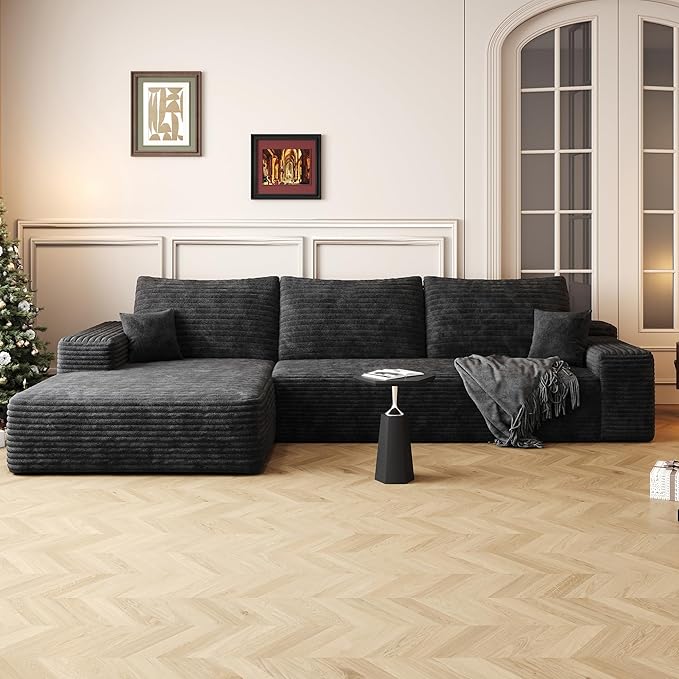 107 inch Cloud Sectional Couch Boneless Sofa in a Box for Living Room Foam Floor Modular Sectional Sofa w/Deep Seat Fluffy Corduroy Upholstered Couch with L-Shaped Chaise