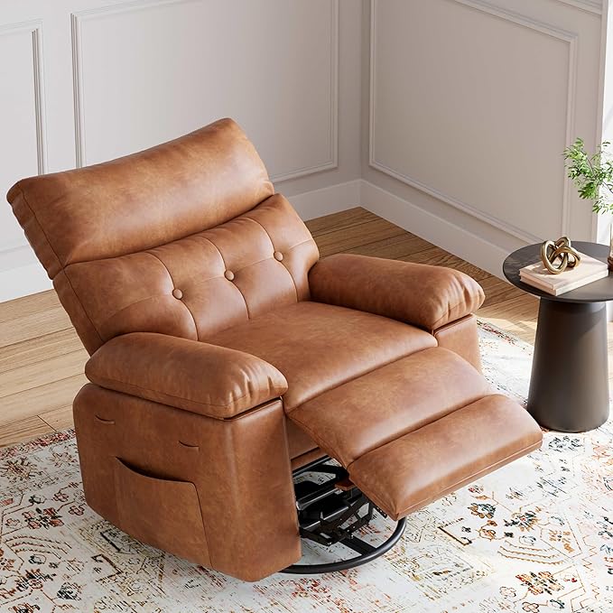 GarveeHome Oversized Rocker Swivel Recliner Chair - PU Leather Extra Wide Manual Recliner for Adults Large Lazy Chair with 1.5X Sponge Comfort Arm and Back for Living Room Bedroom