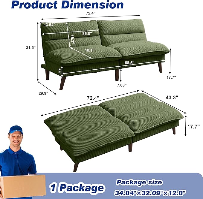 72 Futon Sofa Bed Convertible Futon Couch with Adjustable Backrest Modern Corduroy Sleeper Sofa for Small Spaces Living Room Office Green