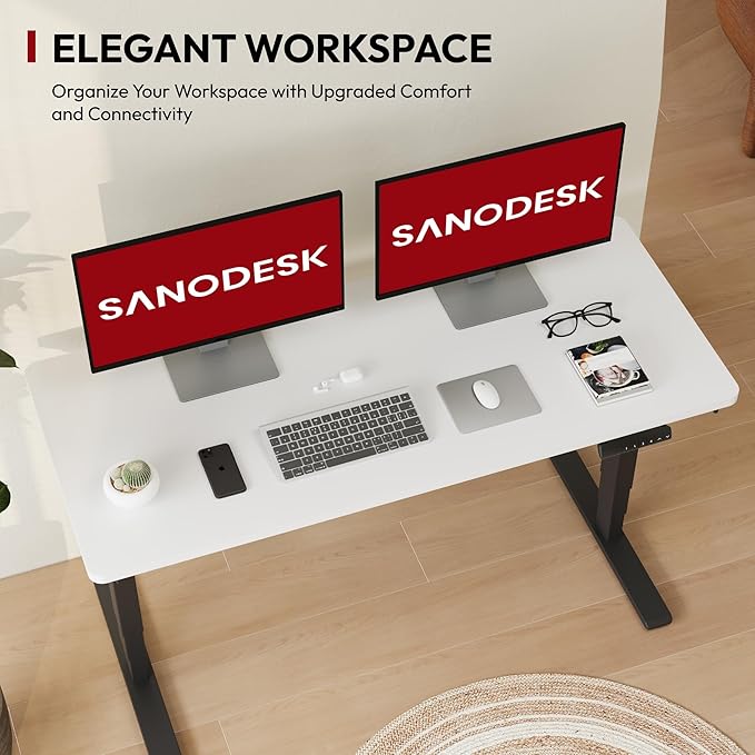 SANODESK 55 Electric Standing DeskOne-Piece Dual Motor Height Adjustable Desk Stable and Durable 3-Stage Stand up Desk for Home Office (Black Frame/55 x 28 Inch White top)