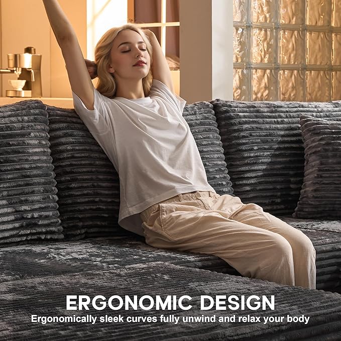 108 Boneless Cloud Couch with Ottoman Moudular Sectional Sofa with Deep Seat No Assembly Required Modern Minimalist Sofas with Chaise Comfy U Shaped Couches for Living Room Grey