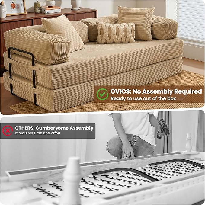 ovios 81 Folding Sofa Bed Foldable Sleeper Boneless Couch with Pull Out Beds Modular Convertible Floor Futon Loveseat Lounger for Living Room (Corduroy Beige)