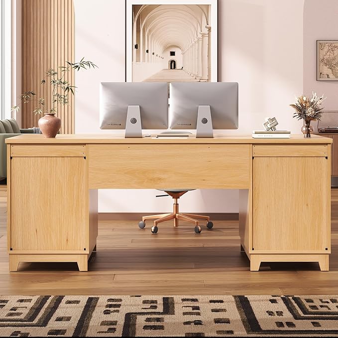 SEDETA 55.1 Fluted Office Desk with 6 Drawers Modern Executive Desk with Acrylic File Drawers Computer Desk with Power outlets for Home Office and Study Natrual