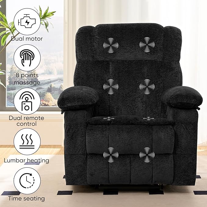 ijuicy Dual Motor Recliner ChairElectric Lift Reclining Lounge Chair with Lumbar Heating and Vibrating Massage for SeniorsAdjustable Reclining Electric Massage ChairBlack