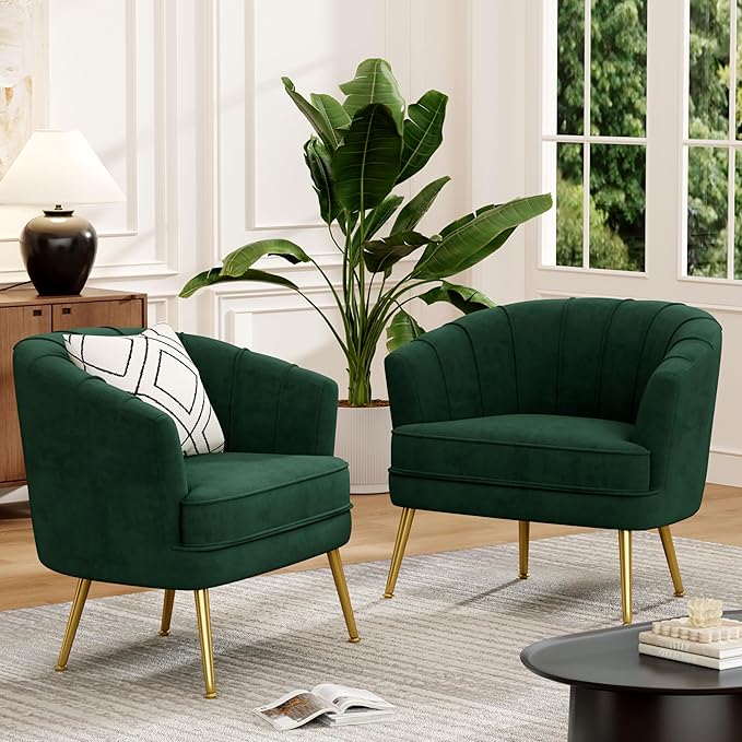 Andeworld Velvet Accent Chair Set of 2 Upholstered Modern Single Sofa Side ChairComfy Barrel Club Living Room Armchair with Golden Metal Legs for Bedroom Living Reading Room Office Green