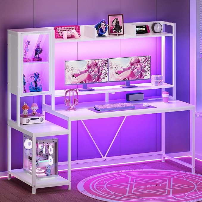 SEDETA White Gaming Desk 60'' Gaming Desk with Hutch and LED Lights Computer Desk with Storage Shelves Large PC Gamer Desk with Display Cabinet Monitor Stand Power Outlet for Home Office