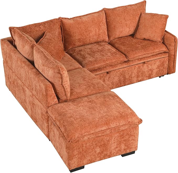 82.67 Convertible Sofa Bed Sectional Sofa Sleeper Chenille L-Shaped Sofa with Movable Storage Ottoman and 2 Pillows Pull-Out Sofa Bed Corner Couch for Living Room Office Apartment (Orange-CV)