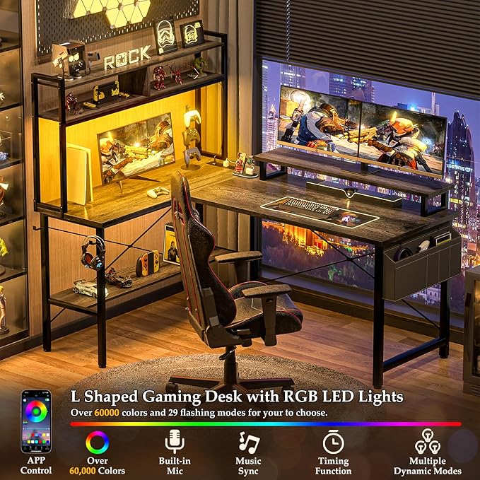 Aheaplus L Shaped Gaming Desk with Power Outlets &amp LED Lights Small L- Shaped Desk Computer Corner Desk with Monitor Stand &amp Storage Shelf Home Office Desk Writing Desk with Storage Bag Gre
