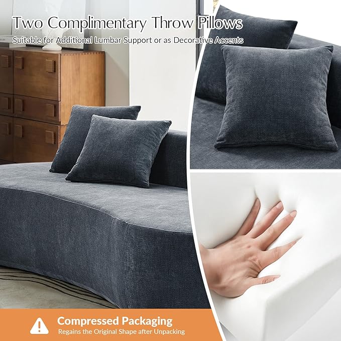 HULALA HOME 94.5 Curved Boneless Couch with Two Pillows Oversized 3 Seater Compressed Foam Sofa with Deep Seat Modern Cloud Couch for Living Room No Assembly Required Blue