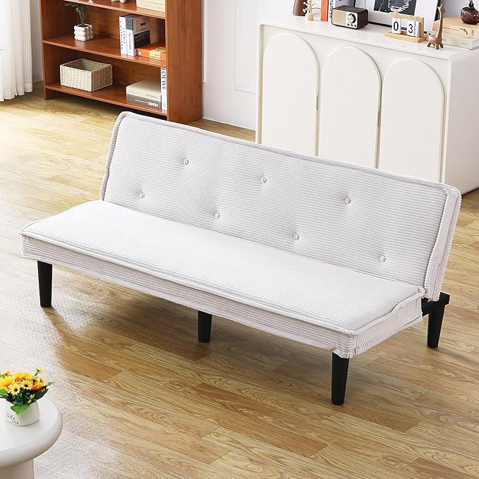 Modern Corduroy Convertible Folding Futon Couch Sofa Bedwith Adjustable Backrest Memory Foam Couch Double Loveseat Sofa for Compact Living SpaceDormGame StudioApartmentBedroom (White)