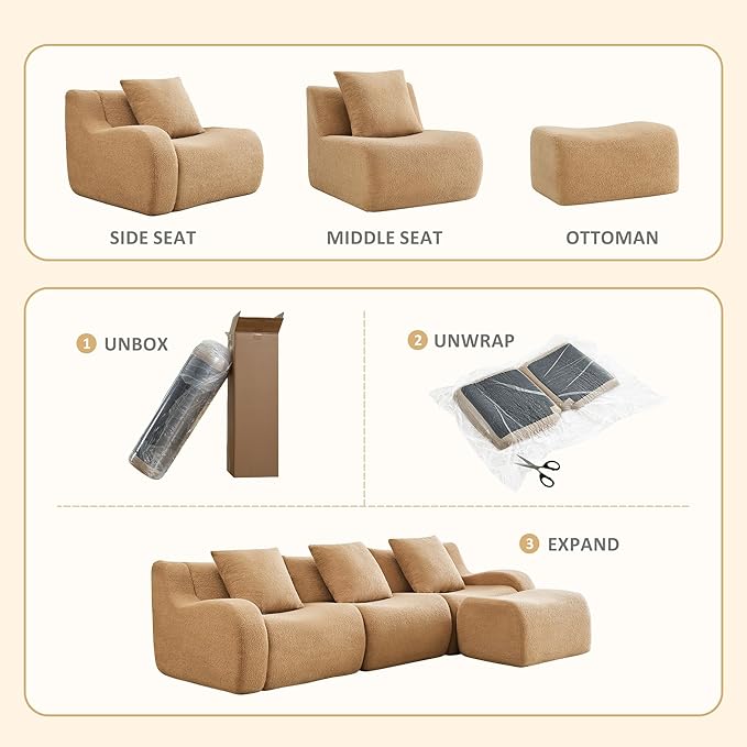 148 Modular Boneless Sectional Sofa Boneless Couch for Living Room and Apartments 32D High Density Sponge No Assembly Required (4 Seater) Camel