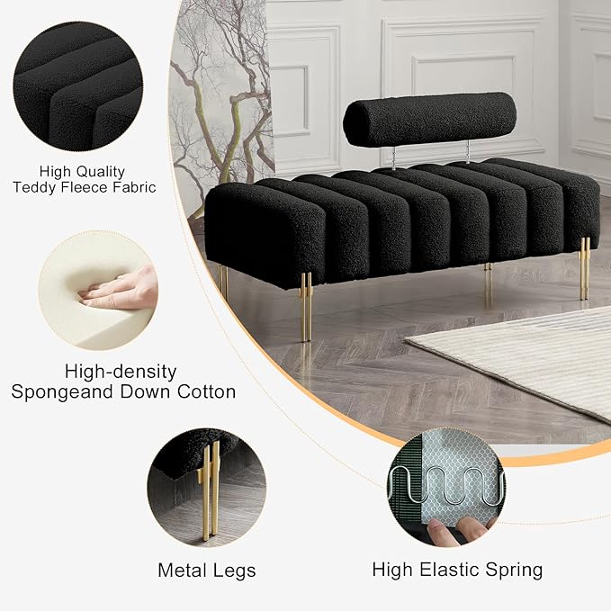 53.2 Modern Loveseat Sofa CouchUpholstered Couch Bench with Golden Legs and Adjustable BackrestSherpa Small Couches for Living Room Bedroom Office (Black)