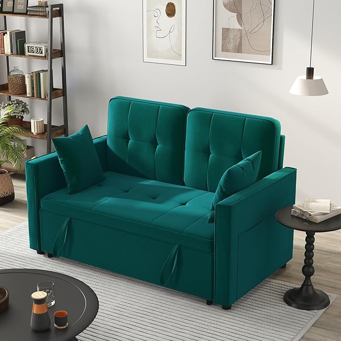 Green Convertible Sofa Bed: 3 in 1 Sleeper Sofa Couch Bed Pull Out Couch with Adjustable Backrest Velvet Convertible Loveseat Sleeper for Living Room (Green)