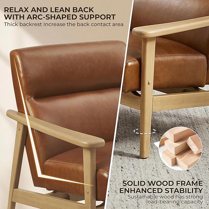 Art Leon Genuine Leather Recliner Chair with Arms 105° Ergonomic Design &amp Solid Wood Frame - Premium Leather Lounge Chair for Living Room Office Man Cave (Brown)
