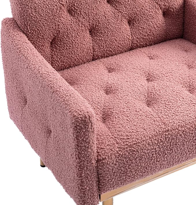 Modern Teddy Fabric Accent ChairUpholstered Button-Tufted Single SofaComfy Armchair Chair with Rose Golden Legsfor Living Room Bedroom Home Office (Brush Pink)
