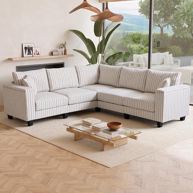 97 5 Seater L Shaped Couch Corner Sofa Oversized Cloud Couch with 2 Pillows Modular Sectional Sofa Armrests with Two Hidden Storage Space Sectional Couches for Living Room Blue Stripe