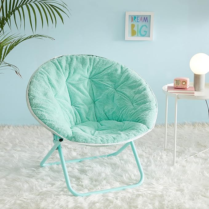 Urban Lifestyle Faux Fur with Holographic Trim Foldable Saucer Chair Teal