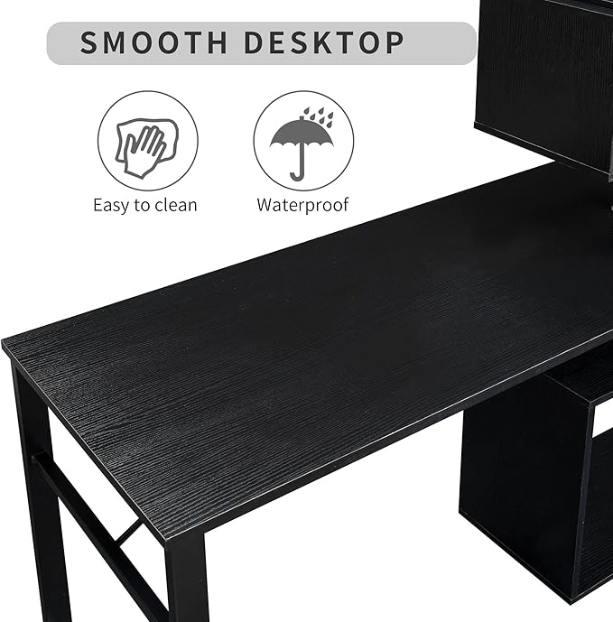 Vinsetto L-Shaped Home Office Computer Desk with Rotating Corner Table 5-Tier Bookshelf Lockable Casters Four Installation Methods 47.2 x 39.9 x 60.2 Black