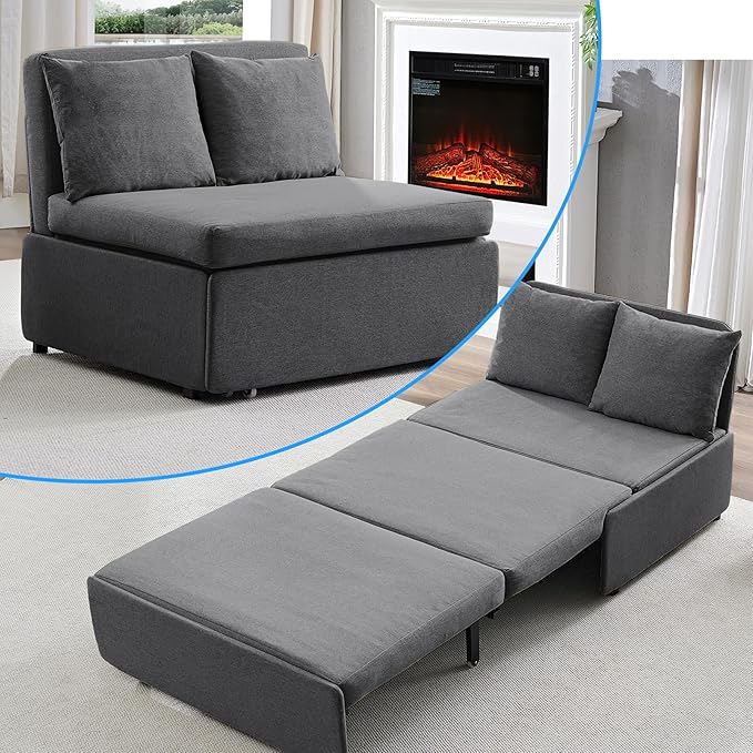 Mjkone 43 W Twin Size Pull Out Sofa Bed Chair 2-in-1 Modern Pull Out Linen Futon Sleeper Sofa Couch Revesible Couch Bed with Throw Pillows for Small Place Apartment Living Room Office (Dark Gray)