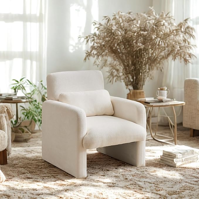 GDFStudio 30 Modern Accent Chair Upgrade Leisure Boucle Upholstered Armchair with Straight Arms and Waist Pillow Comfy Single Sofa Chair for Living Room Bedroom Office Apartment Ancient White