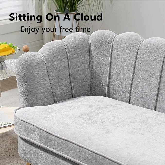 Anwick 59 Small Modern Chenille Loveseat Sofa 2-Seater Sofa with Gold Metal Legs Small Couch with Flower Shaped Back for Living Room Bedroom Office (Light Gray)