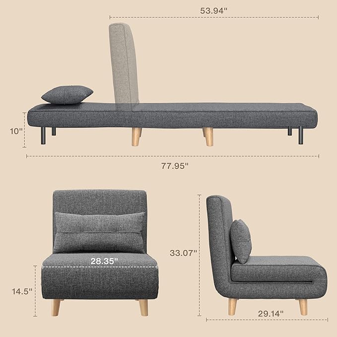 Aiho 3 in 1 Sleeper Chair Bed Convertible Chair Bed Futon Sofa with Adjustable Backrest Accent Chair for Apartment/Bedroom/Office Dark Grey