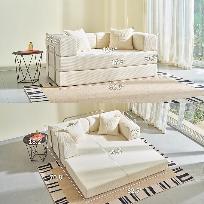 YINIX Sofa Bed 62'' Folding Floor Couch Compressed Convertable Sleeper Sofa Memory Foam Couch with Pillow Back Support Armrest 4-in-1 Futon Sofa Bed for Living Room Ivory