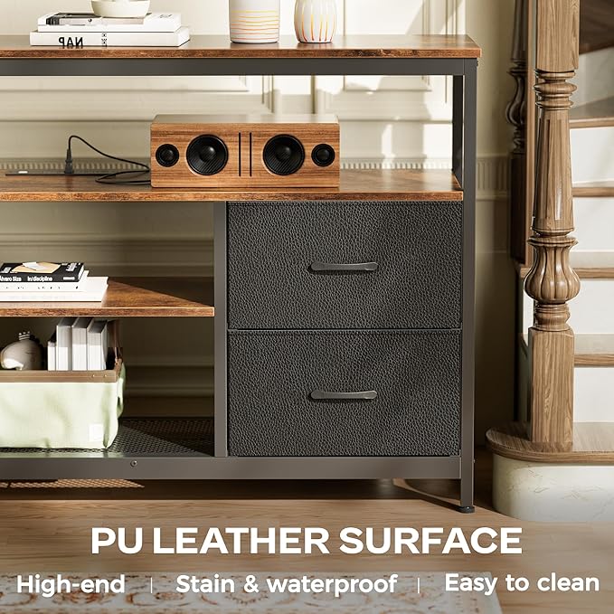 Huuger TV Stand Dresser with Power Outlets and LED Lights 4 Drawers Entertainment Center with Shelves 54 Inch Media Console for 55 60 Inch TV PU Finish Rustic Brown and Black