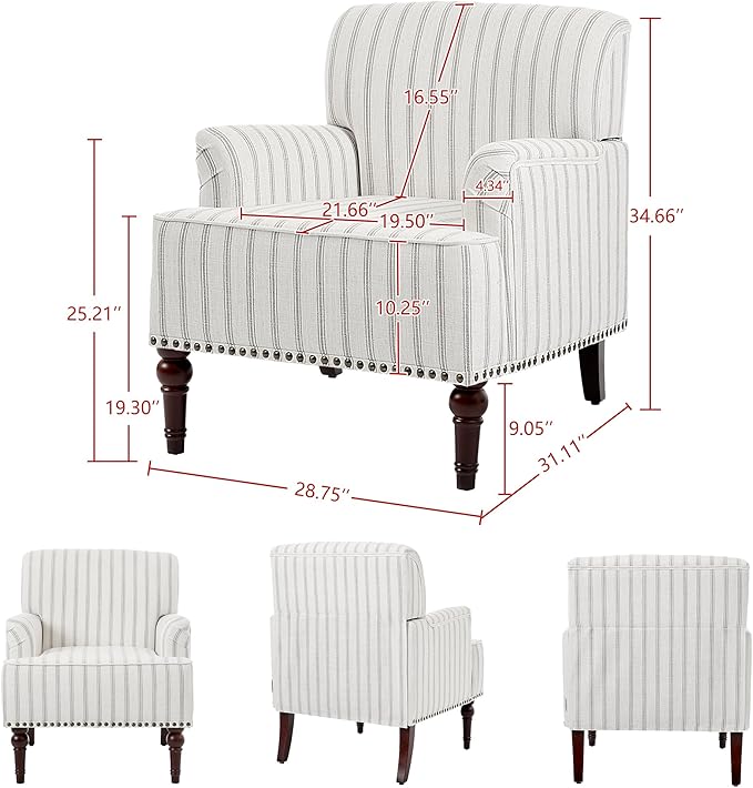 Accent Chair Mid Century Modern Comfy Armchair for Living Room Linen Fabric Single Sofa Lounge for Reading Bedroom Apartment Waiting Room with Wood Legs (Pinstripe Grey Set of 2)