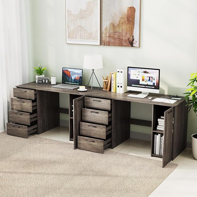 Computer Desk with Drawers 53’’ Study Table with Storage Cabinet &amp Power Outlet Wood Makeup Vanity Table Modern Writing Desk for Study Home Office Living Room Bedroom (Gray 53'')