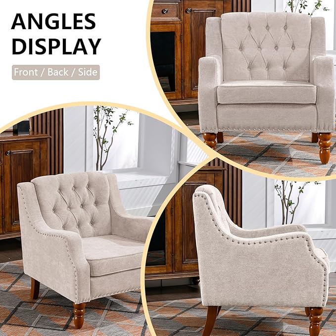 Linen Accent ChairsUpholstered Button Tufted Living Room ChairMid Century Armchair Sofa ChairsComfy Reading Chair for BedroomLiving RoomStudy (Beige 2)