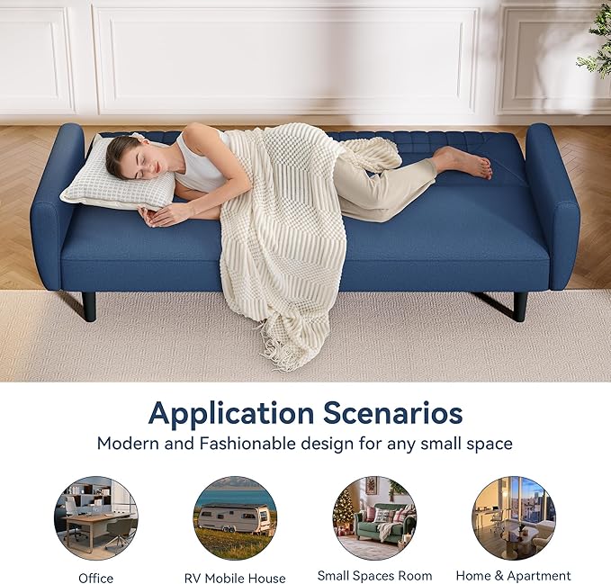 Futon Sofa Bed75.8 Linen Fabric Comfy Futon Couch Bed3 Seater Convertible Sleeper Sofa with Adjustable BackrestsModern Folding Loveseat for Living RoomOfficeApartmentBedroomBlue