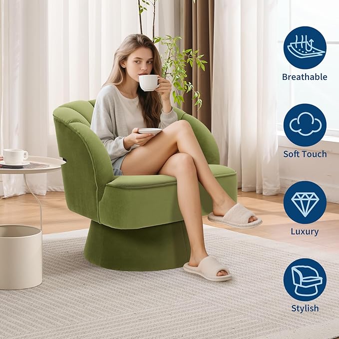 GarveeHome Modern Swivel Barrel Accent Chair 360 Degree Velvet Upholstered Armchair with Striped Backrest &amp Plush Padding Comfy Round Lounge Chair for Living Room Bedroom Reading Nook Green