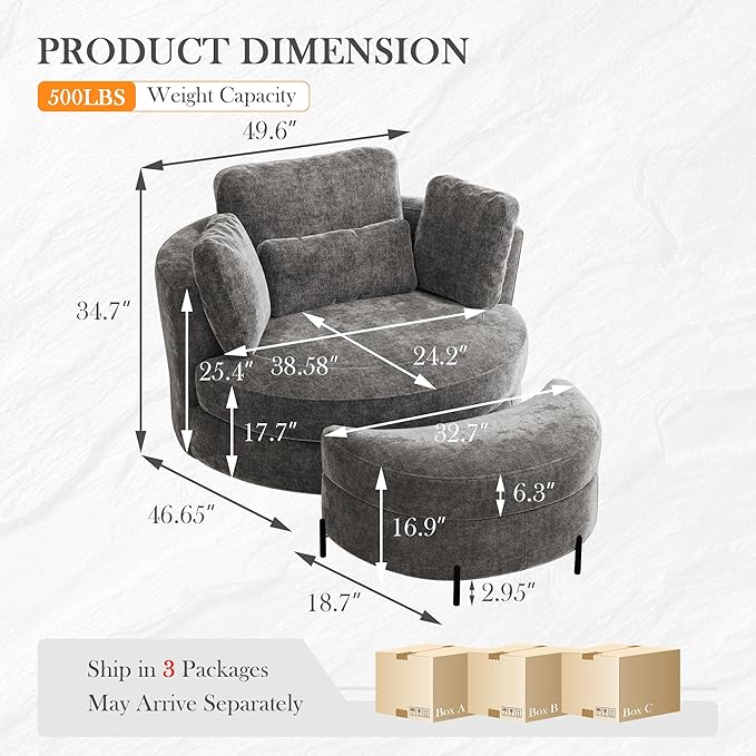 Aoiy &amp Wifon 50'' W Oversized Swivel Barrel Chair with Storage Ottoman Gray Round Accent Chair with Half Moon Ottoman for Living Room Deep Seat &amp Extra Wide Chenille