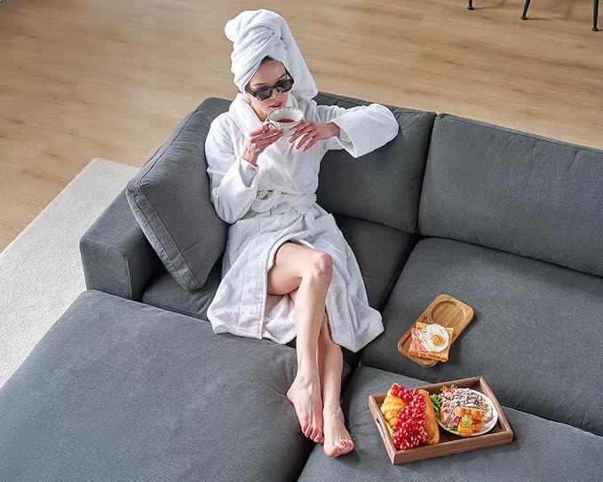AMERLIFE 114 Inches Modular Sectional Couch Feather Down Filled Sectional Sofa 4 Seats L Shaped Couch with Chaise Ottoman Cloud Sofa for Living Room Apartment Grey Linen