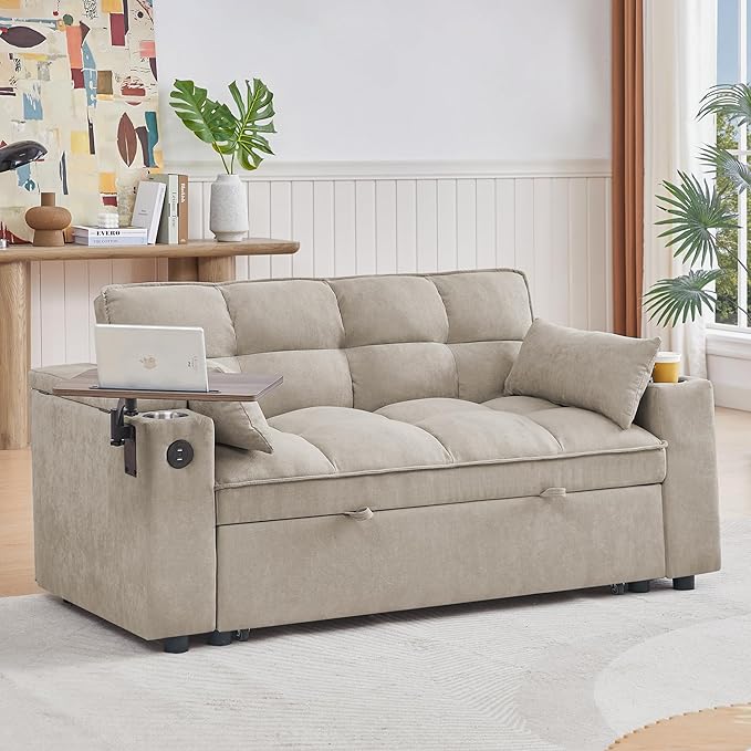 65 Cloud Couch Sleeper Sofa Bed with USB Charging Port &amp Side Pocket Chenille Fabric Pull-Out Sofa with Thick Cushions High Resilience Foam &amp Pillows for Living Room Apartment Small Space