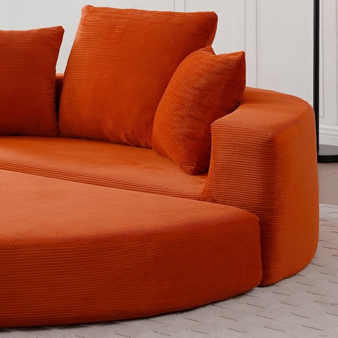 Folding Sofa Bed Corduroy Circular Boneless Couch No Assembly Convertible Sleeper Sofa with 3 Pillow Comfy Futon Sofa Bed for Apartment Office Bedroom Living Room Orange