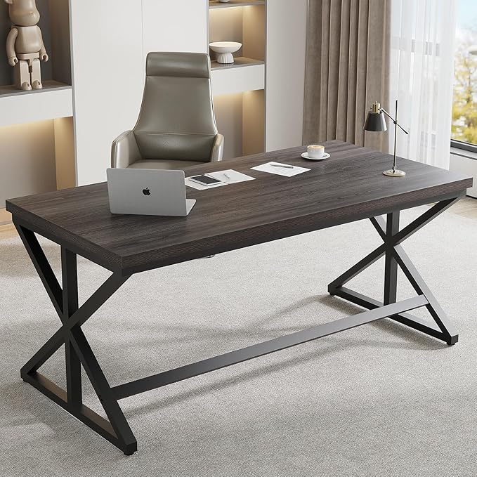IBF 60 Inch Long Office Desk Modern Metal Wooden Grey Writing Study Computer Desk for Bedroom Farmhouse Big Simple Home Office Desks Executive Work Pc Table for Student Dark Gray Oak